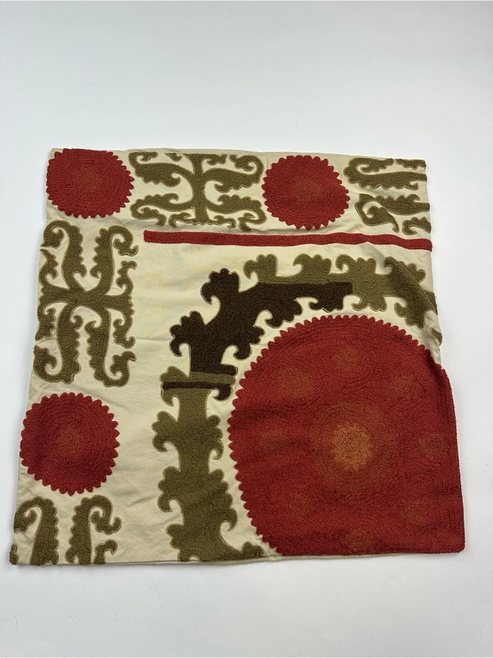 Pottery Barn Suzani Crewel Embroidered Pillow Cover Terracota Olive 26 x 26